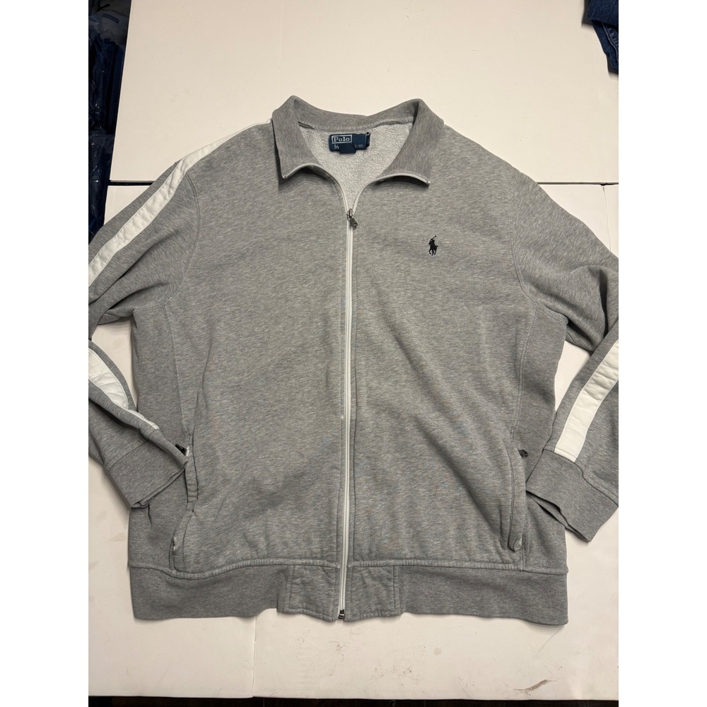 Polo Ralph Lauren Mens XXL Grey Full Zip Track Jacket White Sleeve Stripe Pony